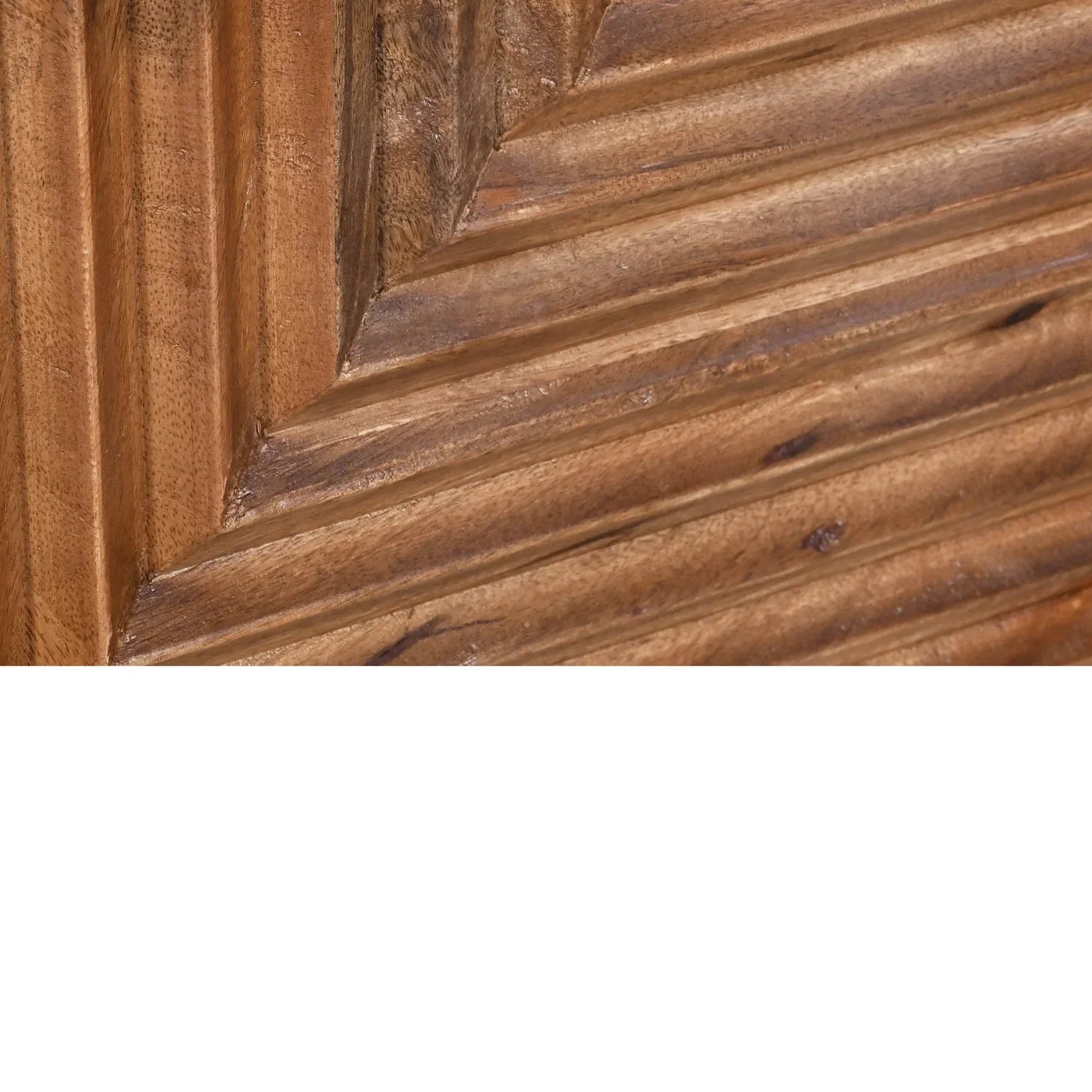 Front view of the Nikita nightstand featuring a geometric hand-carved wood door design and a minimalist black metal frame base