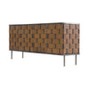 Three-quarter perspective view highlighting the textured leather weaving and the minimalist industrial metal silhouette