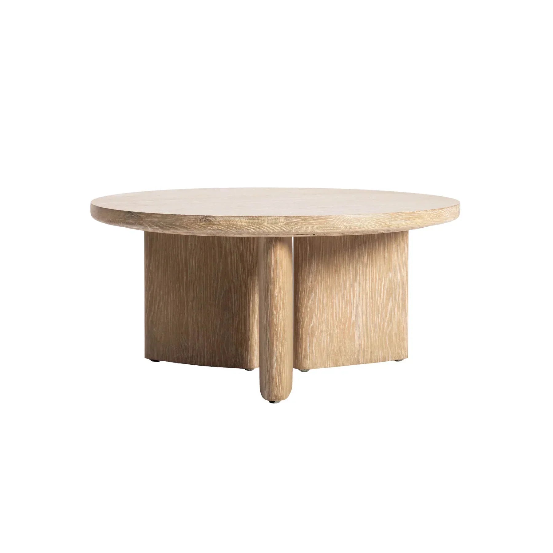 Front view of the Infinity coffee table featuring a circular light oak tabletop and a unique sculptural base with three architectural wood panels