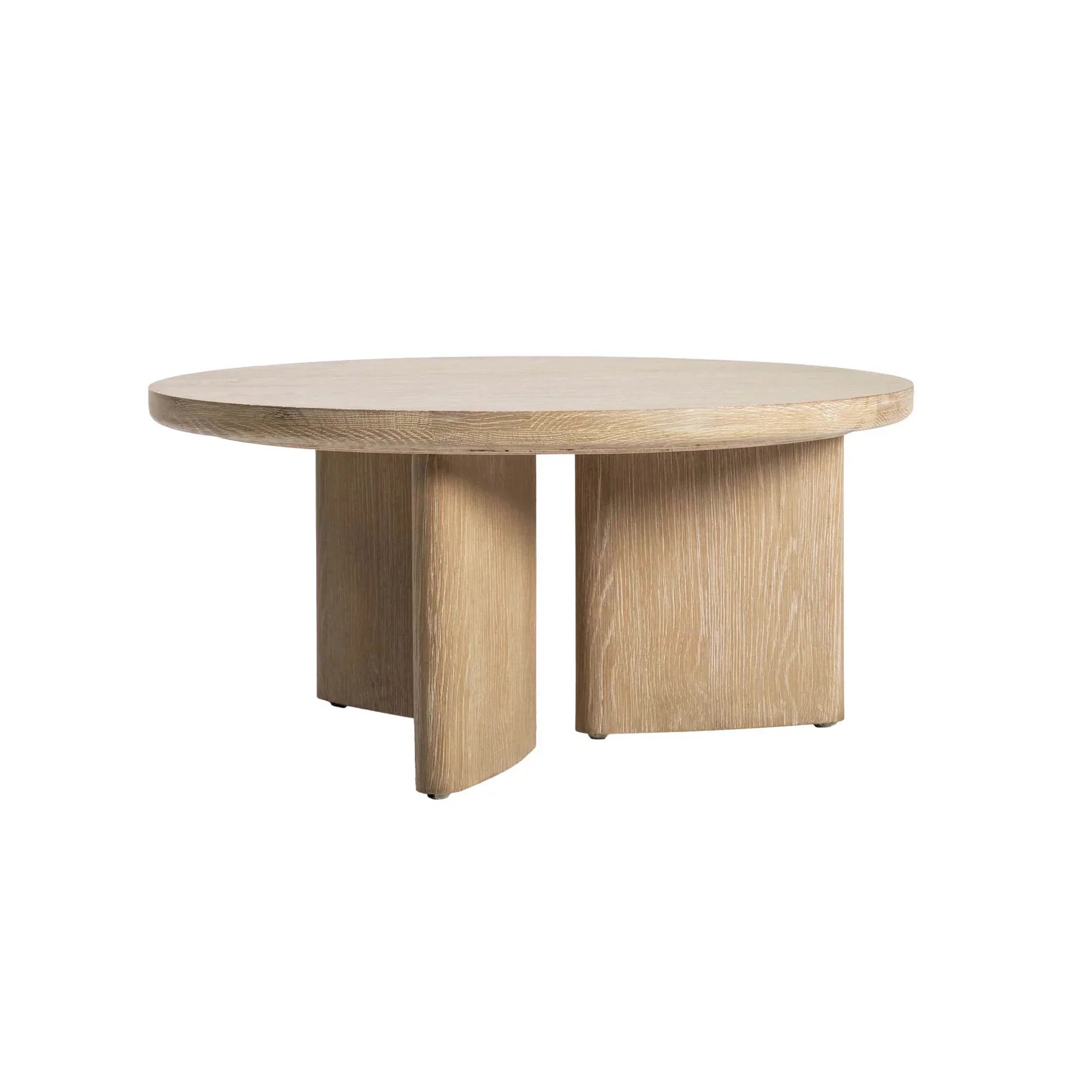 Front view of the Infinity coffee table featuring a circular light oak tabletop and a unique sculptural base with three architectural wood panels