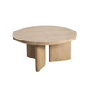 High-angle shot highlighting the circular tabletop surface and the sculptural interplay of the wooden base panels
