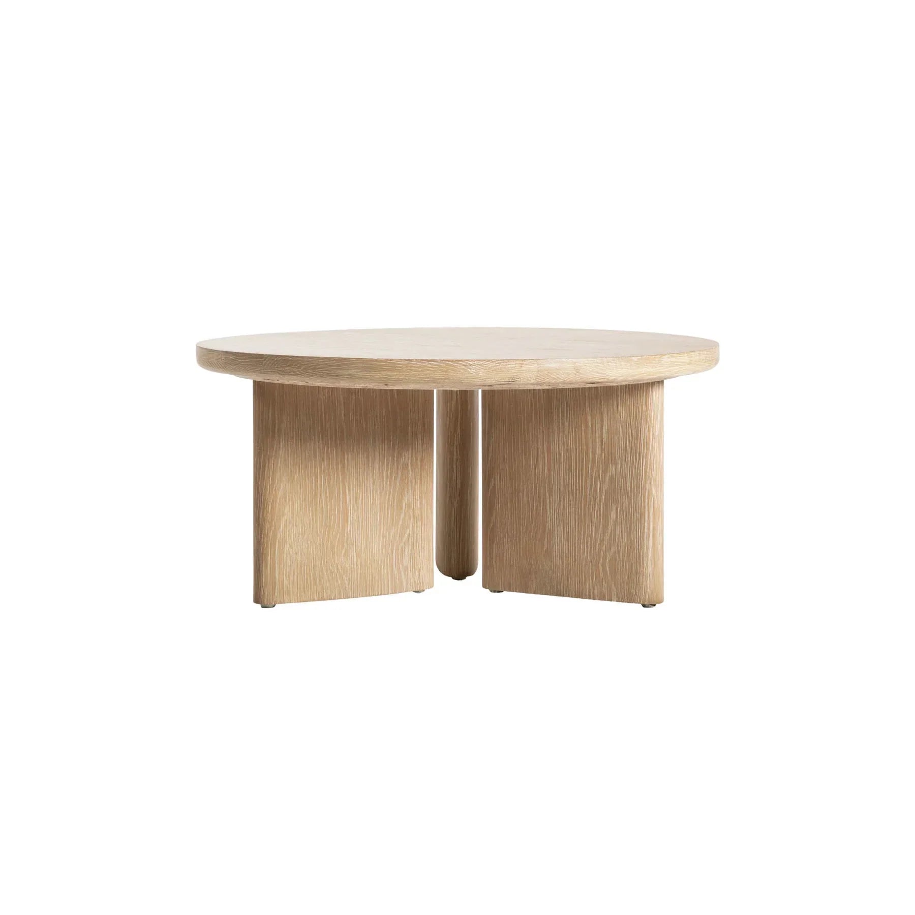 Front view of the Infinity coffee table featuring a circular light oak tabletop and a unique sculptural base with three architectural wood panels