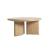 Front view of the Infinity coffee table featuring a circular light oak tabletop and a unique sculptural base with three architectural wood panels