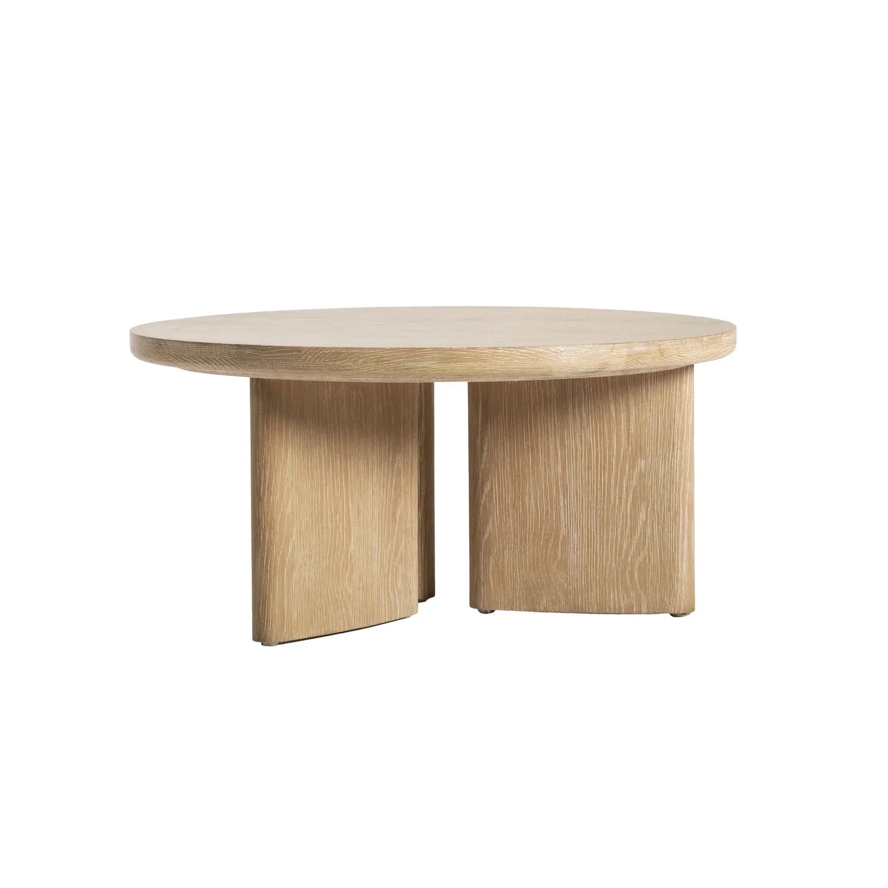 Front view of the Infinity coffee table featuring a circular light oak tabletop and a unique sculptural base with three architectural wood panels