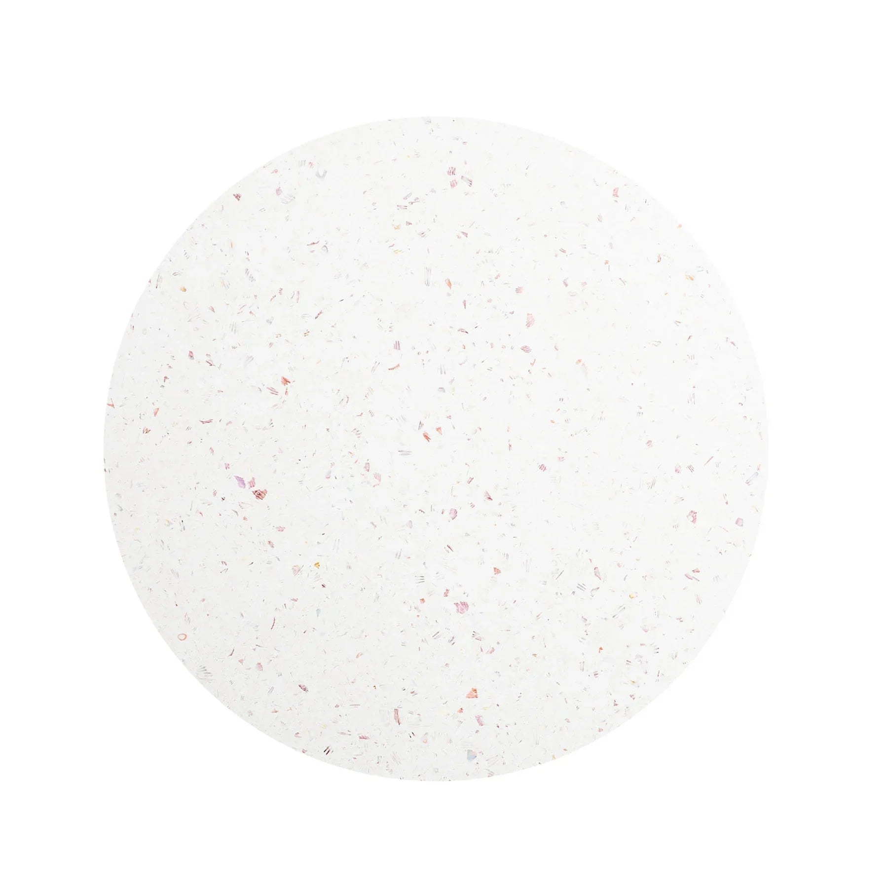 Front view of the Infinity coffee table featuring a circular white terrazzo-style seashell finish top on an architectural light oak wood base