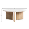Product shot showing the height and width measurements for the round coffee table with its light wood sculptural legs
