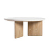 Side perspective view emphasizing the architectural arrangement of the curved light oak base panels
