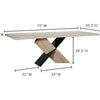 Technical diagram indicating the 79-inch width, 39.5-inch depth, and 28.5-inch height of the natural oak dining table
