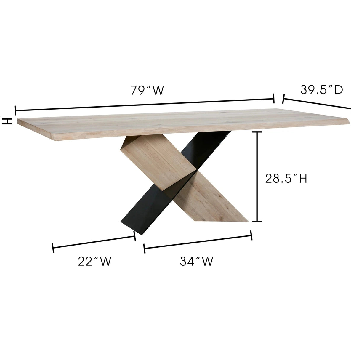 Front view of the Instinct dining table featuring a natural wood top and a sculptural black and oak interlocking X-style base