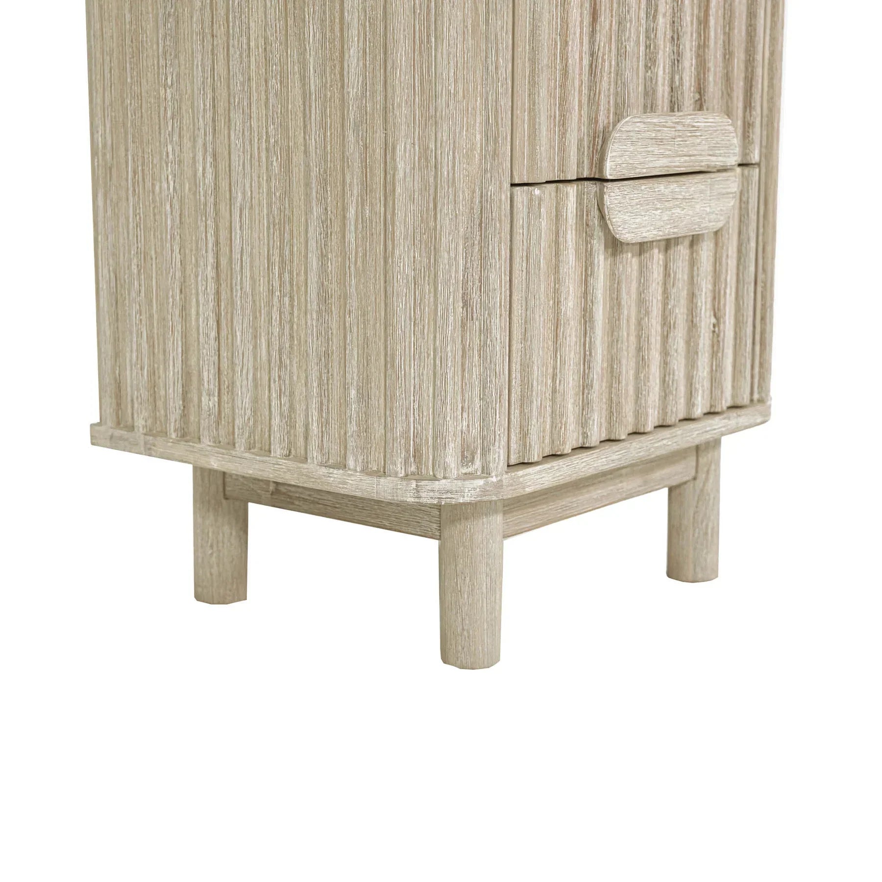 Front view of the Oasis nightstand featuring a light white oak finish, vertical ribbed texture, and unique pill-shaped integrated handles