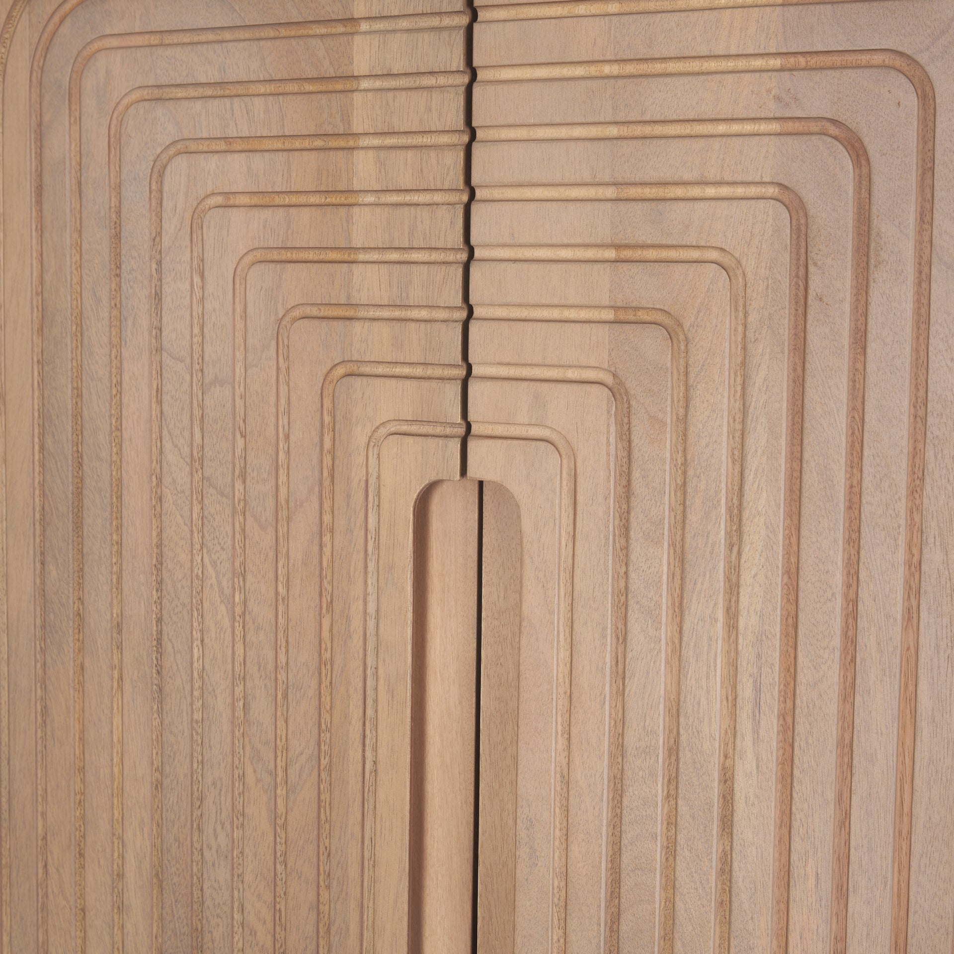 Front view of the Sorina curio cabinet featuring a light brown wood finish and a striking reverse fluted arched design
