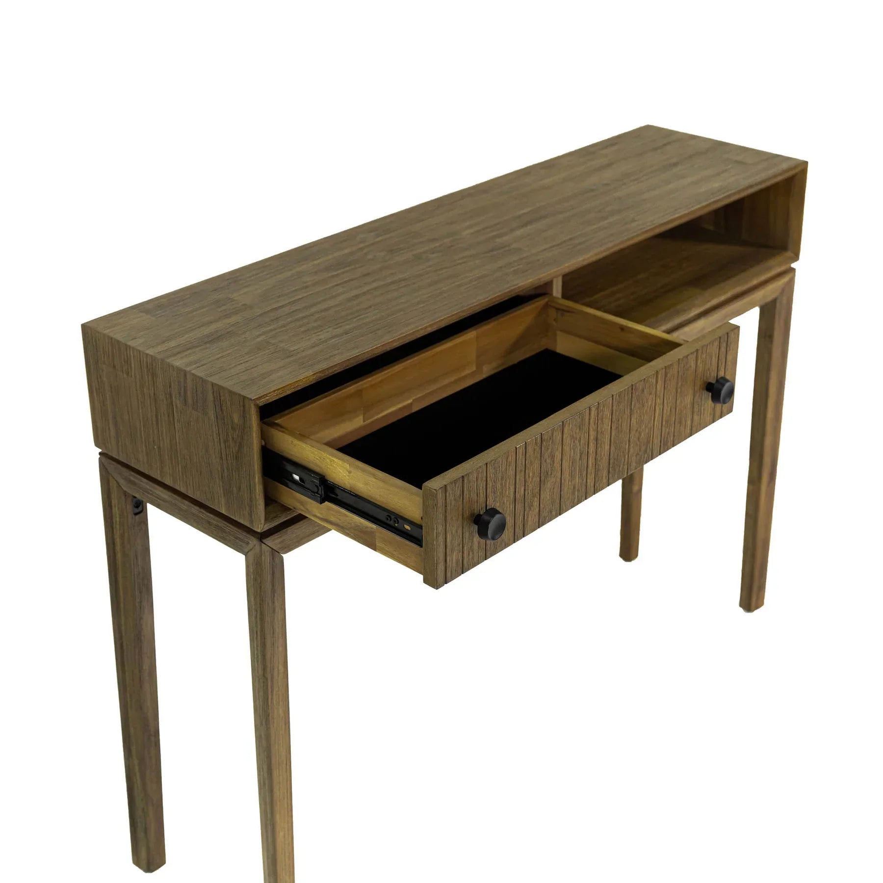 Front view of the West console table in a rich wood finish featuring a slim architectural frame, an integrated drawer with fluted texture, and an open storage cubby