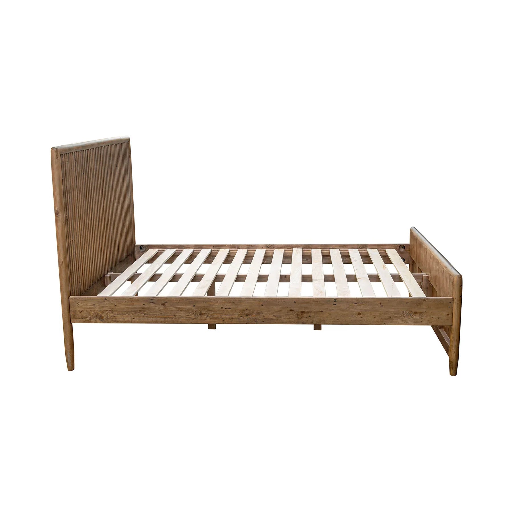Front view of the Ava king platform bed featuring a tall upholstered headboard in a textured white bouclé fabric