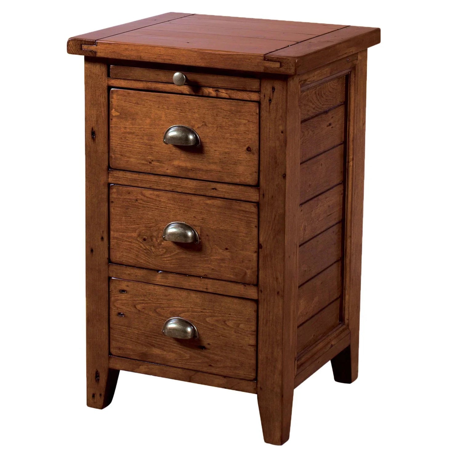 Front perspective view of the Irish Coast nightstand in a rich African Dusk finish featuring three drawers with antique-style metal cup handles