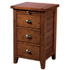Front perspective view of the Irish Coast nightstand in a rich African Dusk finish featuring three drawers with antique-style metal cup handles