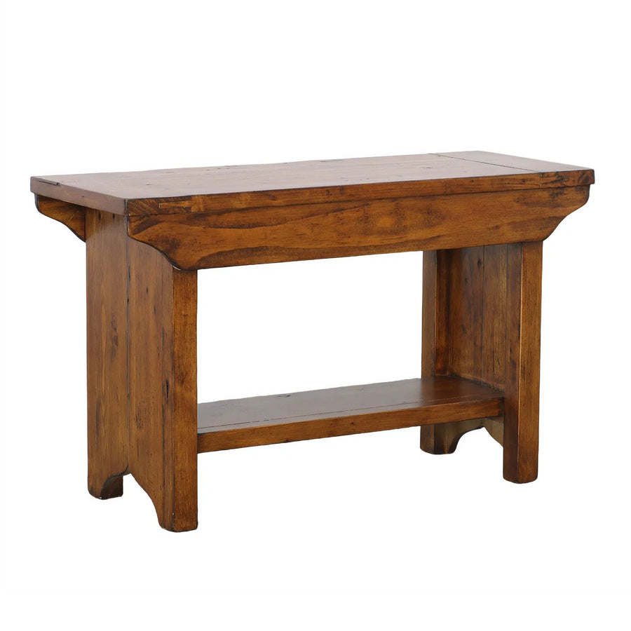 Front three-quarter view of the Irish Coast bench featuring a deep African Dusk finish and solid reclaimed wood construction
