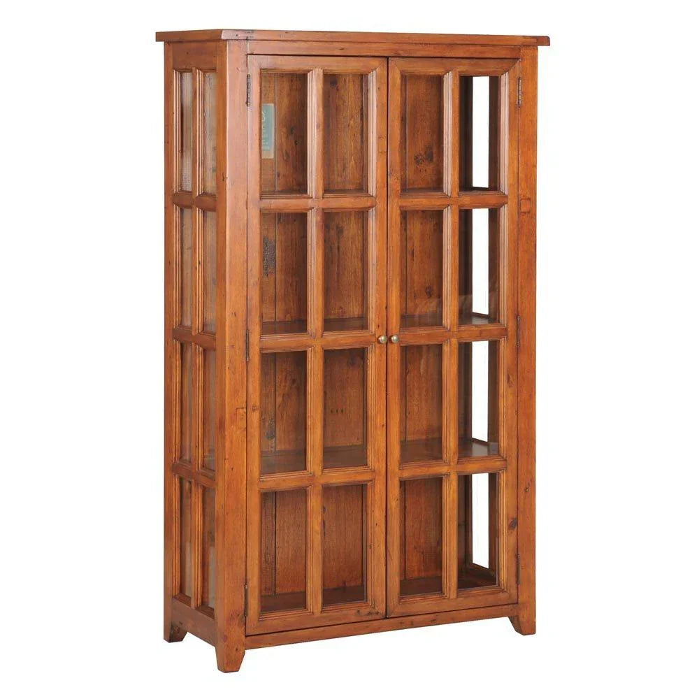 Straight-on front view highlighting the symmetrical two-door layout and slim profile of the display hutch