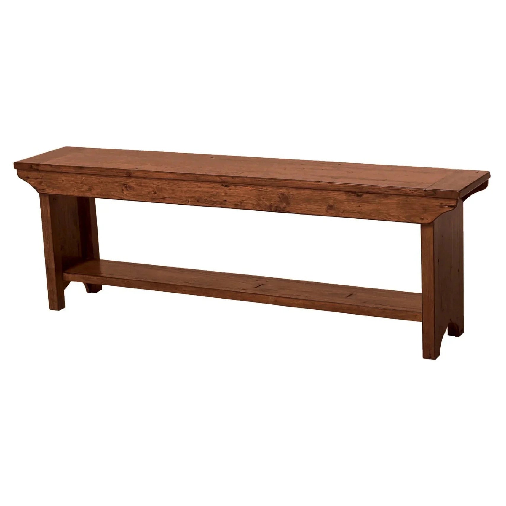 Direct front perspective showcasing the thick wood top and sturdy pedestal-style legs of the African Dusk bench