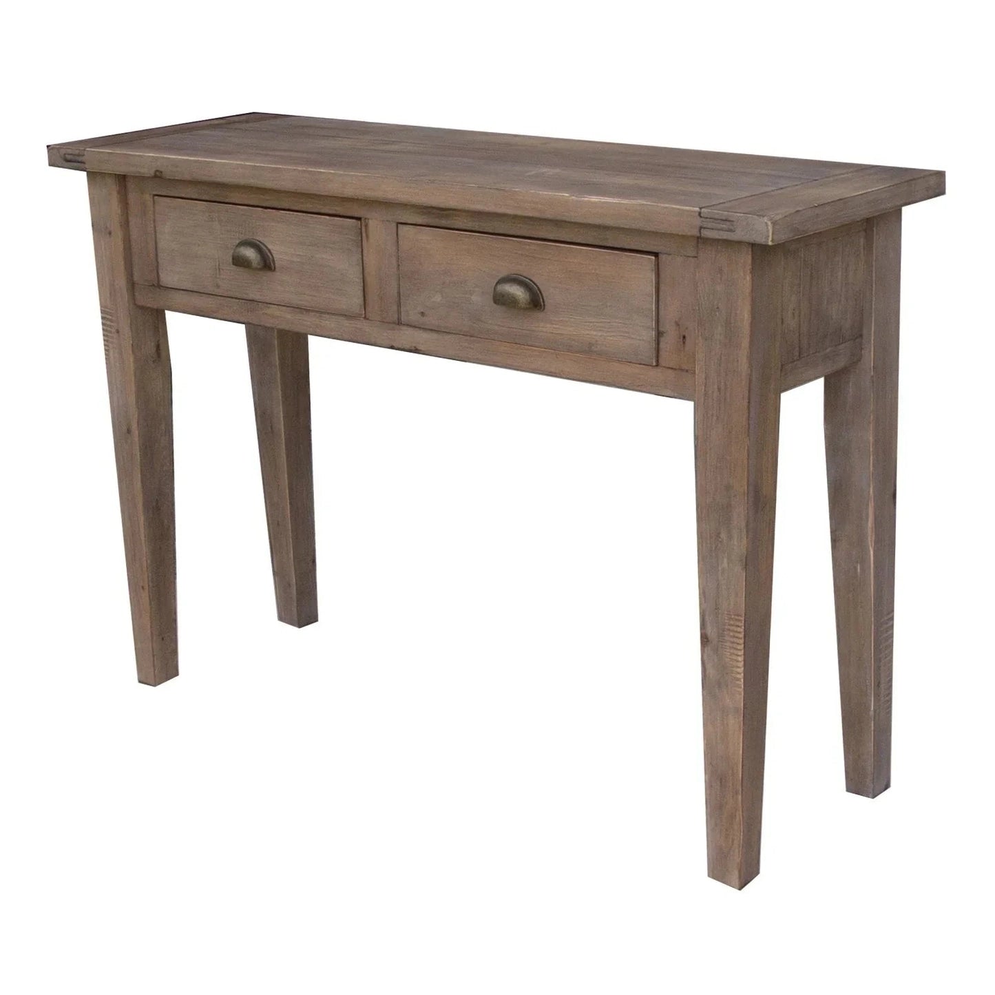 Front view of the small Irish Coast console table in a sundried pine finish featuring two drawers with brass cup handles and tapered legs