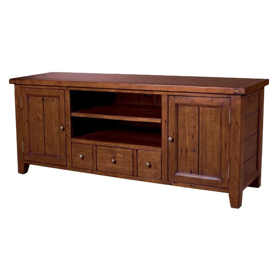Front view of the large Irish Coast media unit in a warm sundried pine finish featuring two side cabinets and three central storage drawers