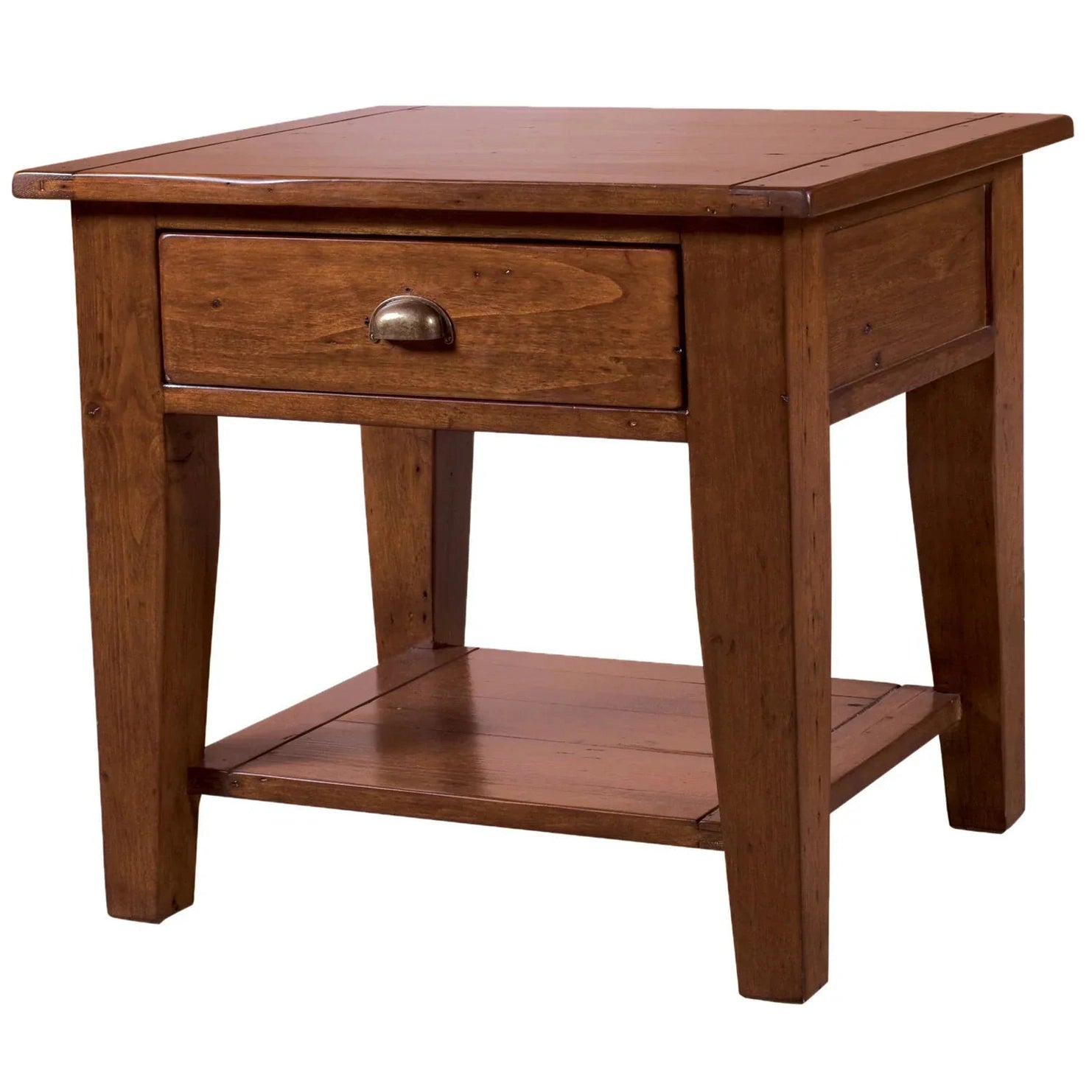 Front perspective view of the Irish Coast side table in a weathered African Dusk grey finish featuring a single drawer and open lower shelf