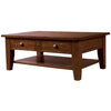 Front view of the Irish Coast small coffee table in an African Dusk finish featuring two storage drawers with brass-style pulls and a lower open shelf