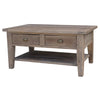 Front view of the Irish Coast coffee table in a sundried wood finish featuring two storage drawers with brass-tone cup handles and a spacious open lower shelf