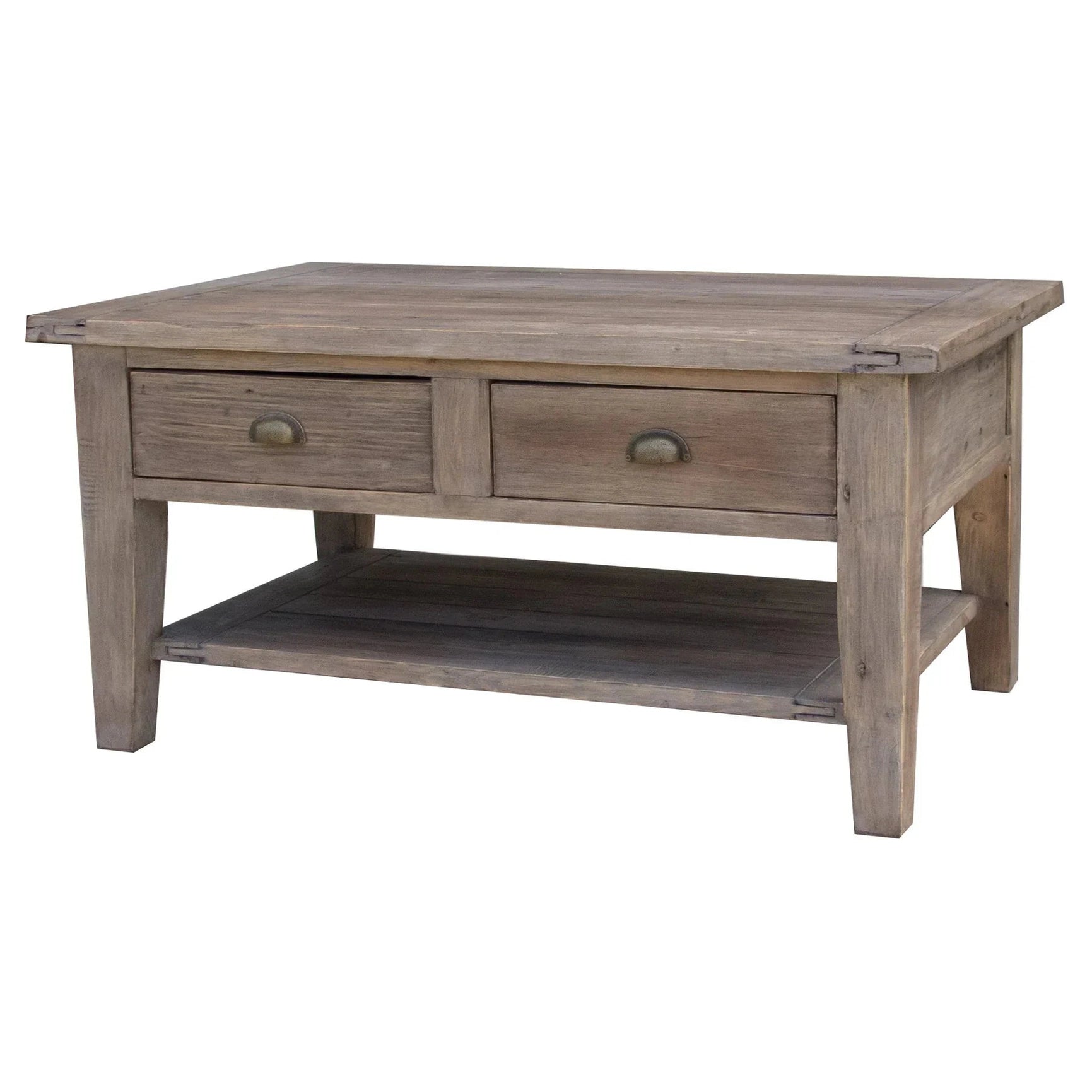 Front view of the Irish Coast coffee table in a sundried wood finish featuring two storage drawers with brass-tone cup handles and a spacious open lower shelf