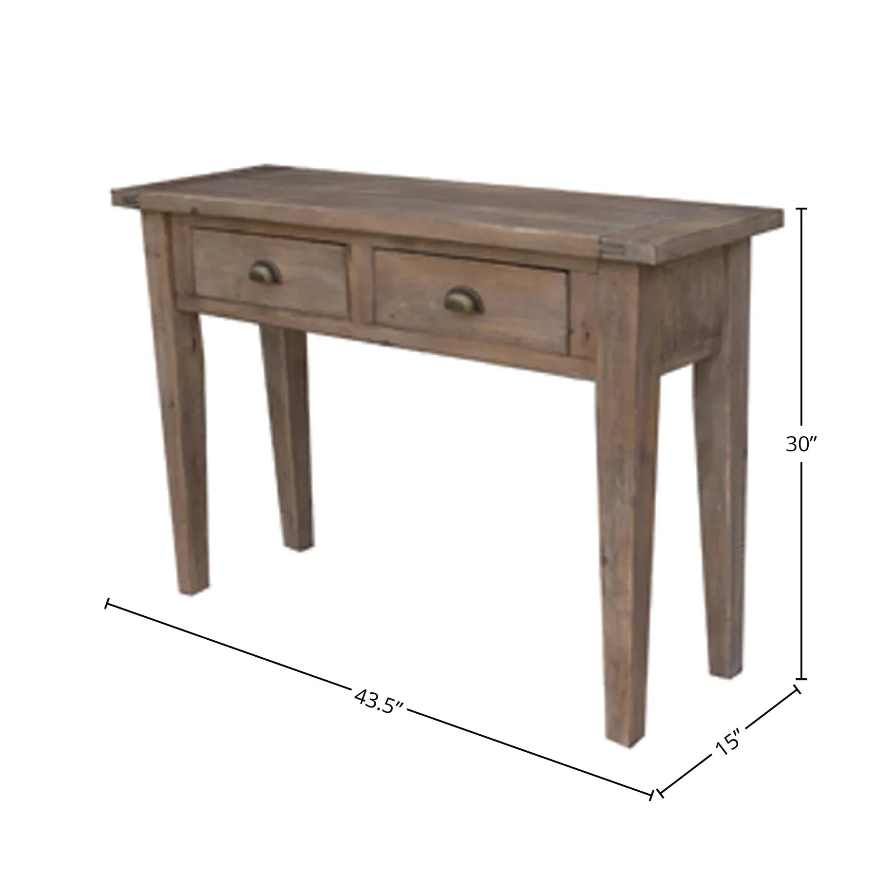 Front view of the small Irish Coast console table in a sundried pine finish featuring two drawers with brass cup handles and tapered legs