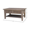Angled product shot of the coffee table with dimensional markers showing the length, width, and height specifications
