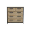 Front view of the Irondale 5-drawer chest featuring a natural oak wood finish encased in a bold black industrial metal frame