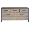 Front view of the Irondale 7-drawer dresser featuring a natural oak wood finish with a bold black industrial metal frame and slim iron handles