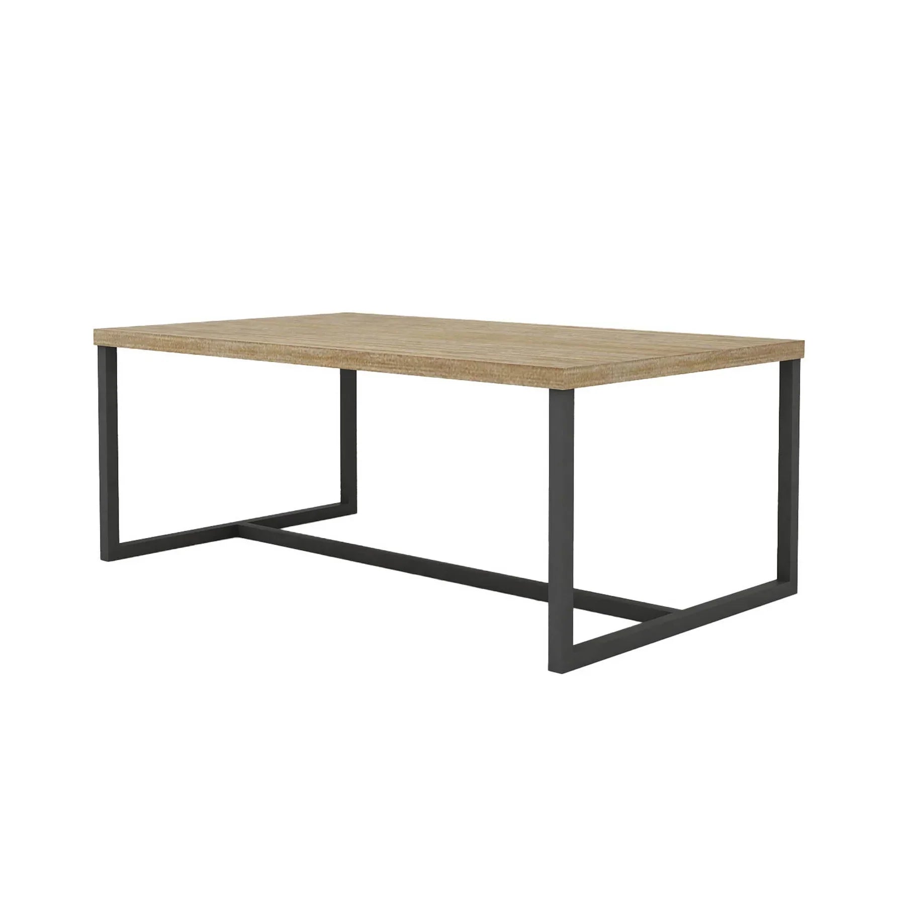 Perspective view highlighting the elongated rectangular silhouette and the sturdy architectural steel base of the coffee table