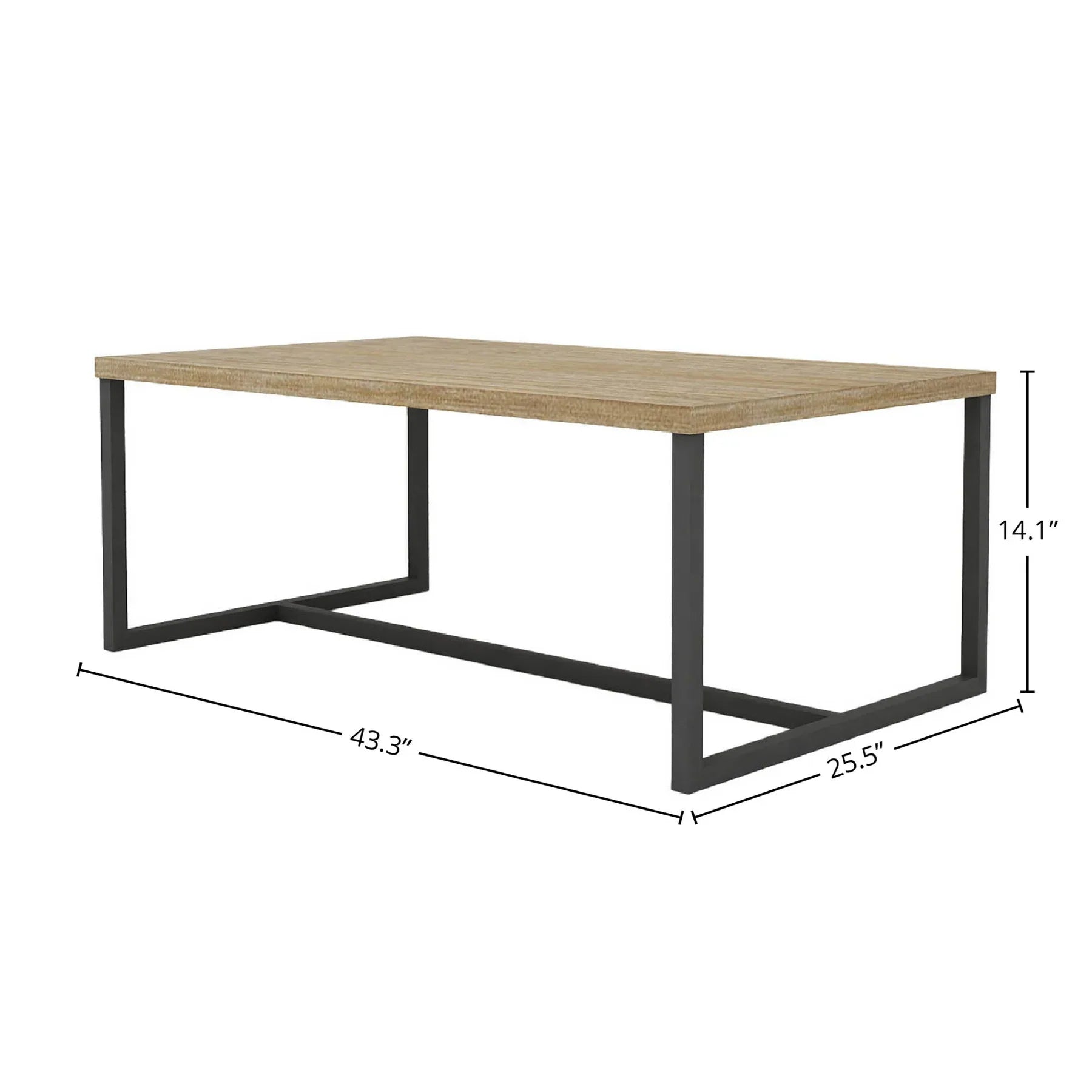 Product shot of the Irondale table with dimensional markers for height, width, and depth