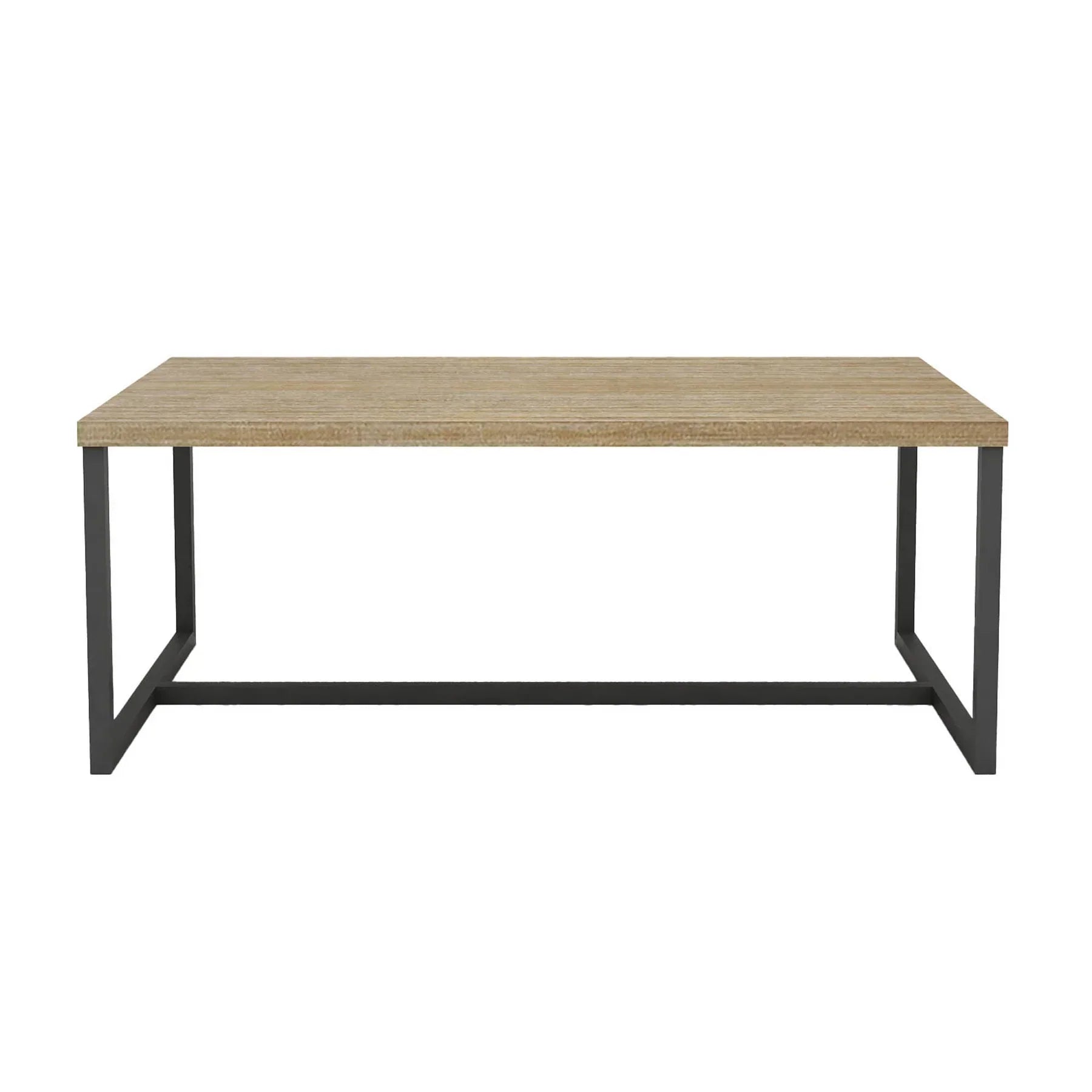 Front view of the Irondale rectangular coffee table featuring a light oak wood top and a minimalist black metal open-frame base