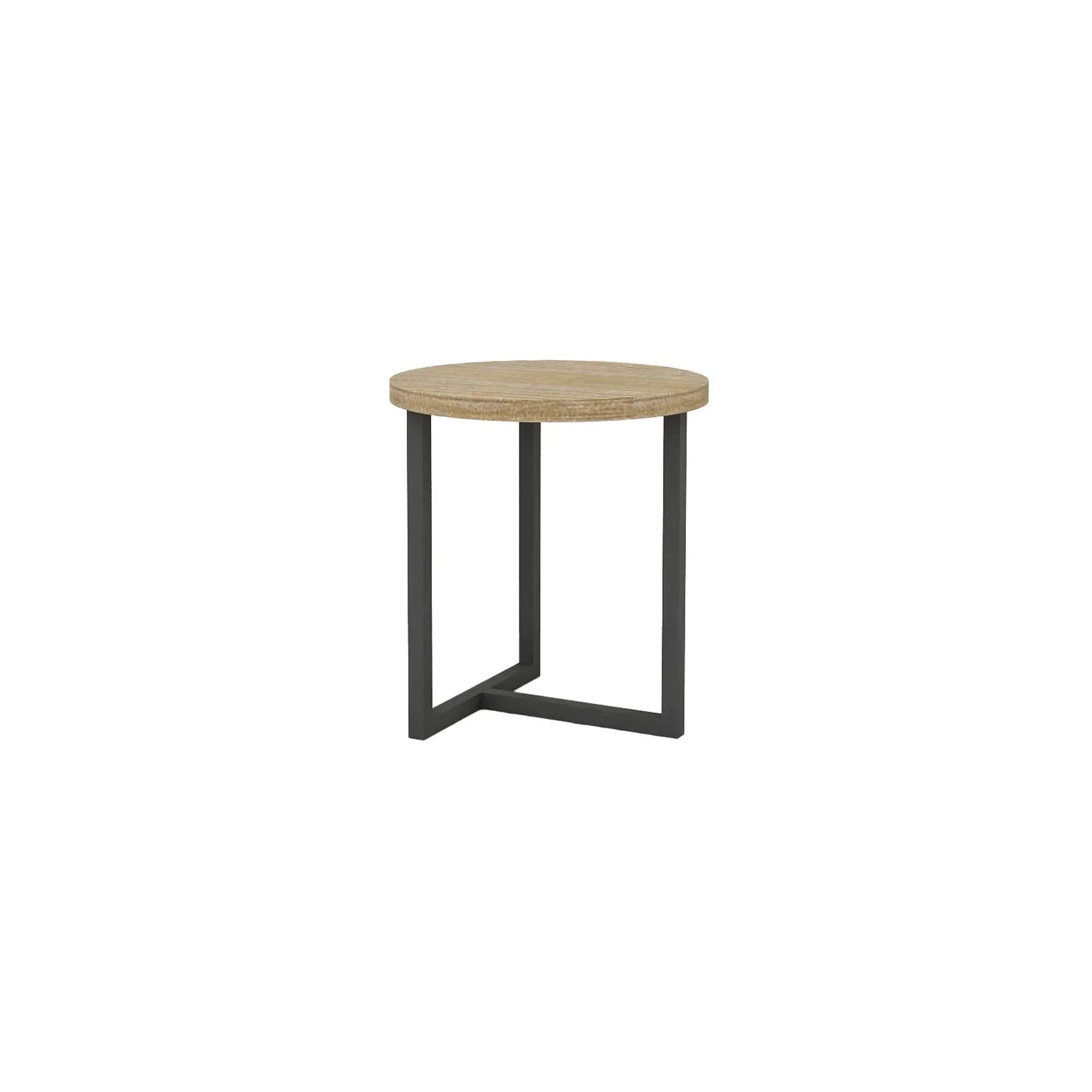 Front view of the Irondale round side table featuring a light oak finished top and a minimalist black metal cross-base frame
