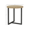 Product view highlighting the 18 inch diameter and 20 inch height dimensions of the oak and metal circular table