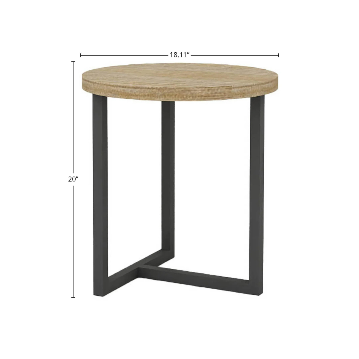 Front view of the Irondale round side table featuring a light oak finished top and a minimalist black metal cross-base frame