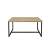 Front view of the Irondale square coffee table featuring a light oak wood top and a minimalist black metal open-frame base