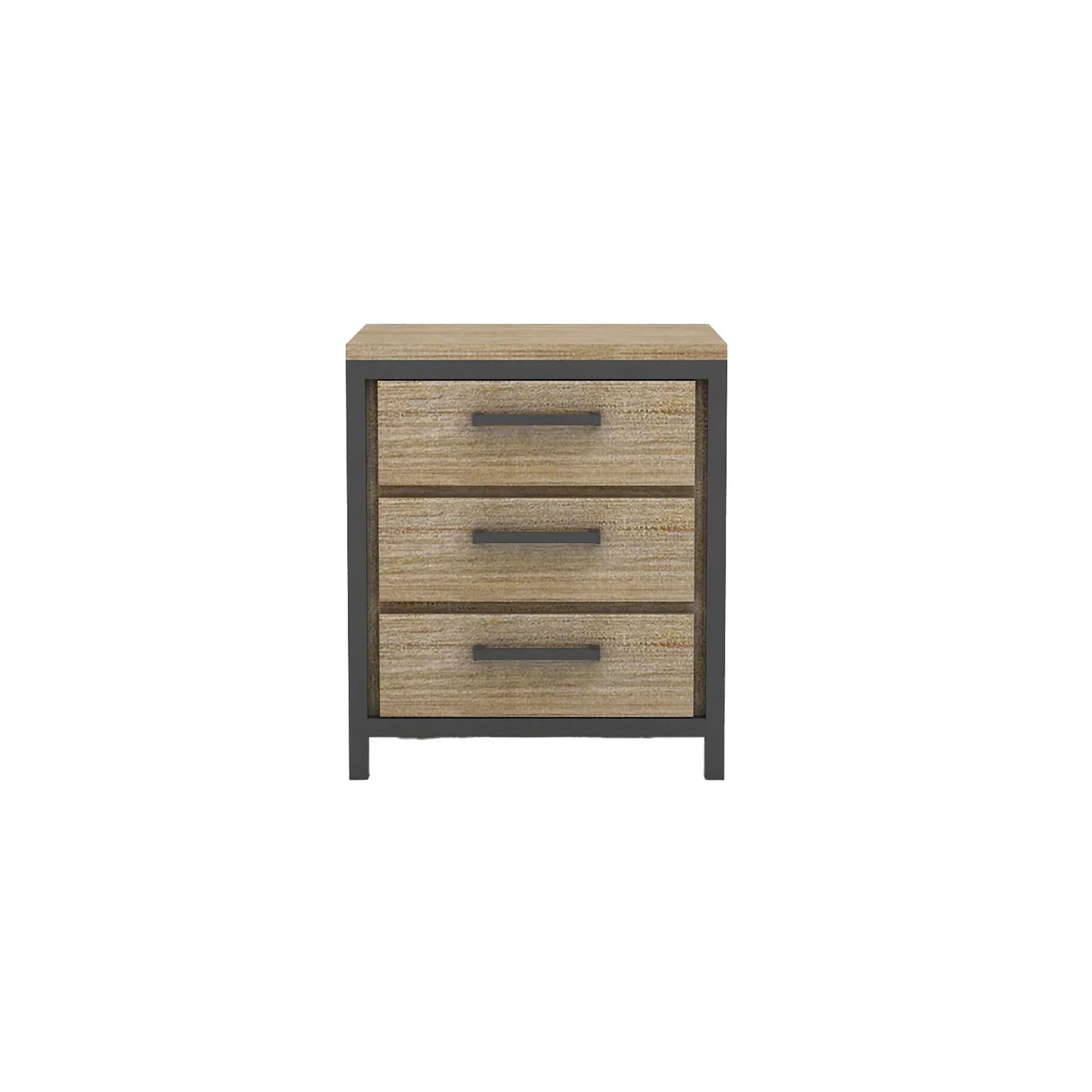 Front view of the Irondale nightstand featuring a three-drawer design with textured light wood panels and a minimalist black metal outer frame