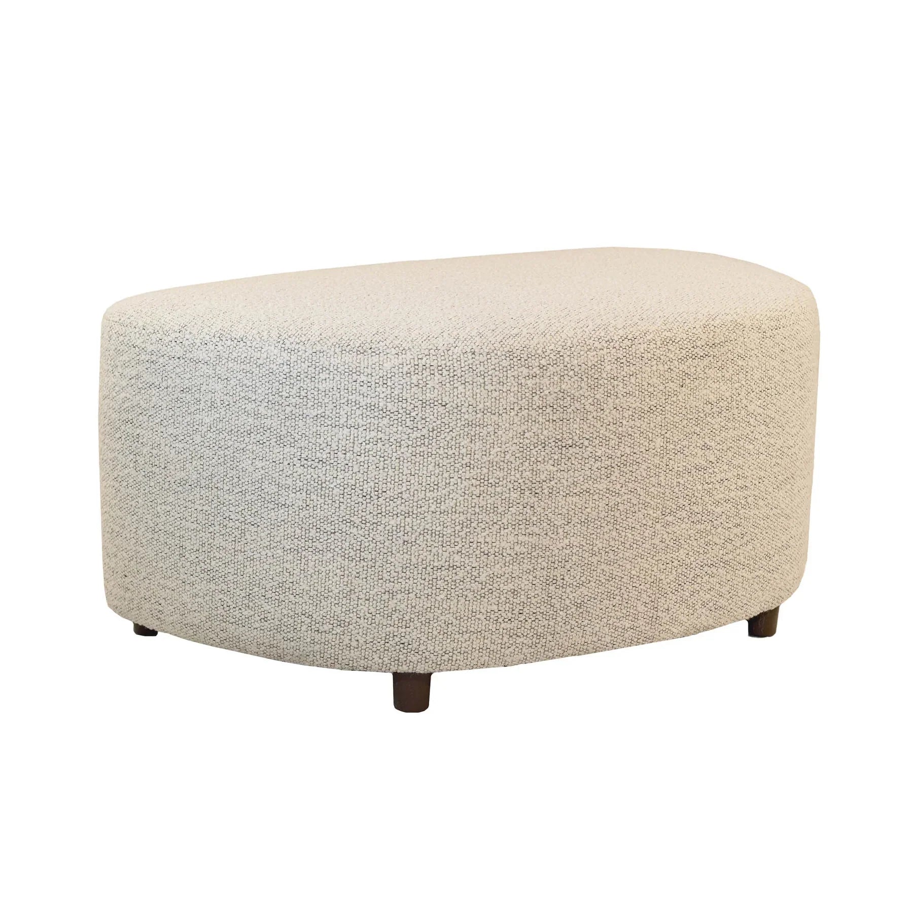 Three-quarter view of the Isabella ottoman featuring a unique D-shaped silhouette and multi-tone light gray textured upholstery