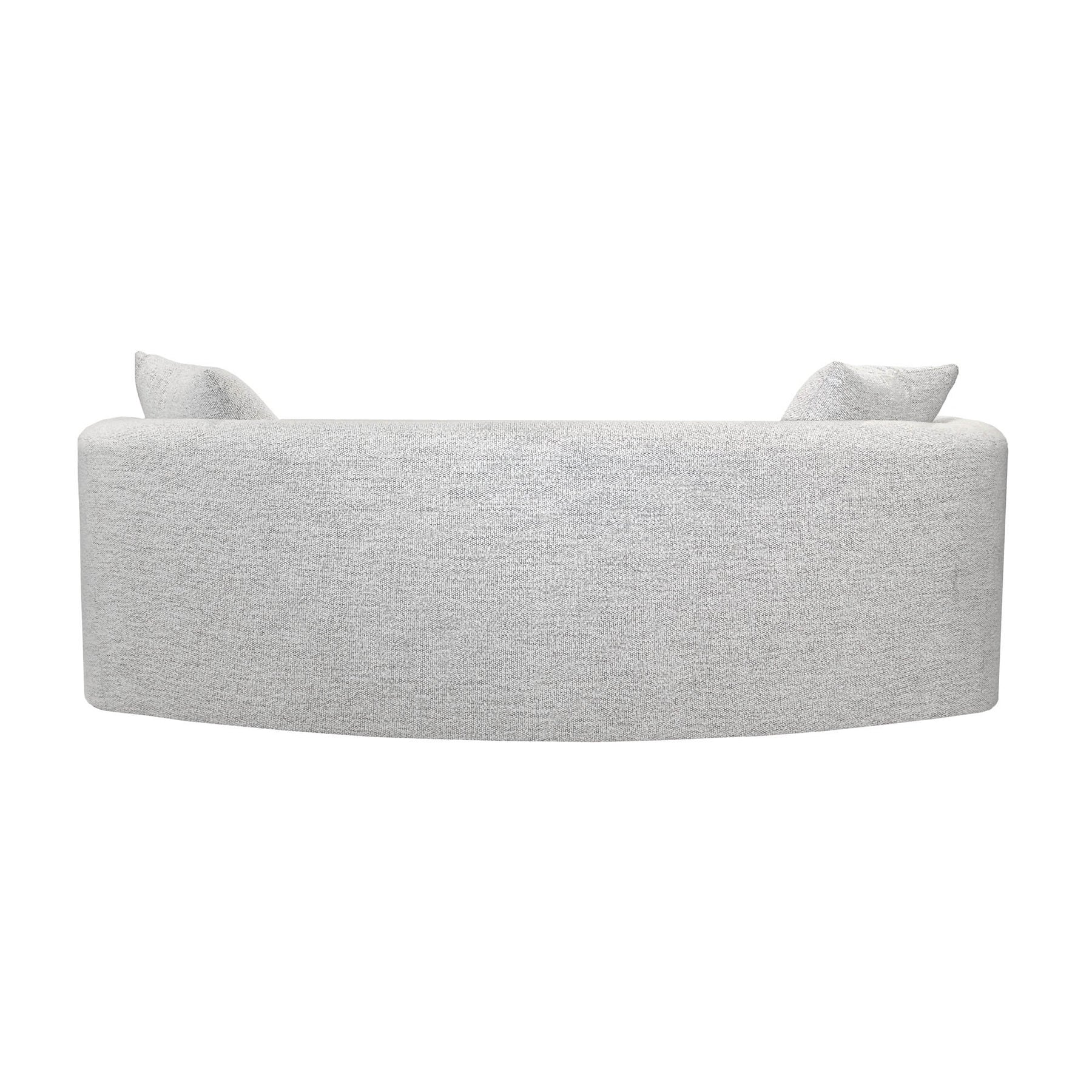 Isabella curved sofa in light grey fabric with modern sculptural silhouette and accent pillows