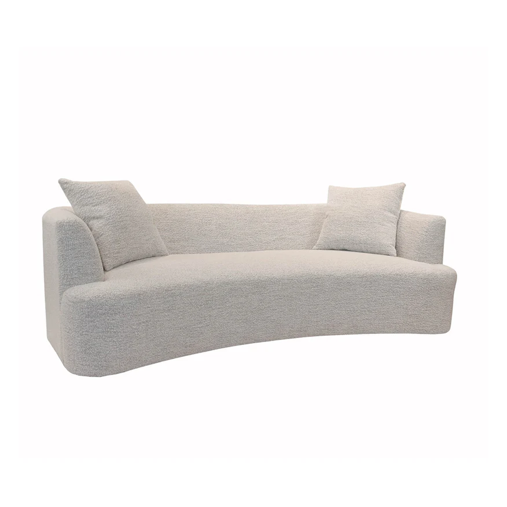Isabella curved sofa in light grey fabric with modern sculptural silhouette and accent pillows
