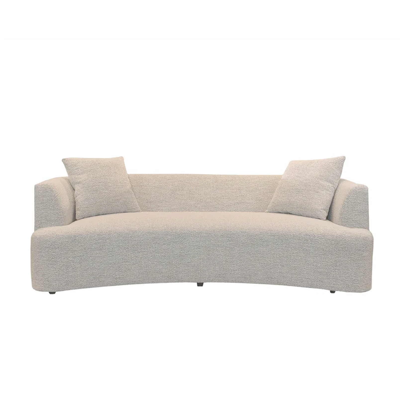 Isabella curved sofa in light grey fabric with modern sculptural silhouette and accent pillows