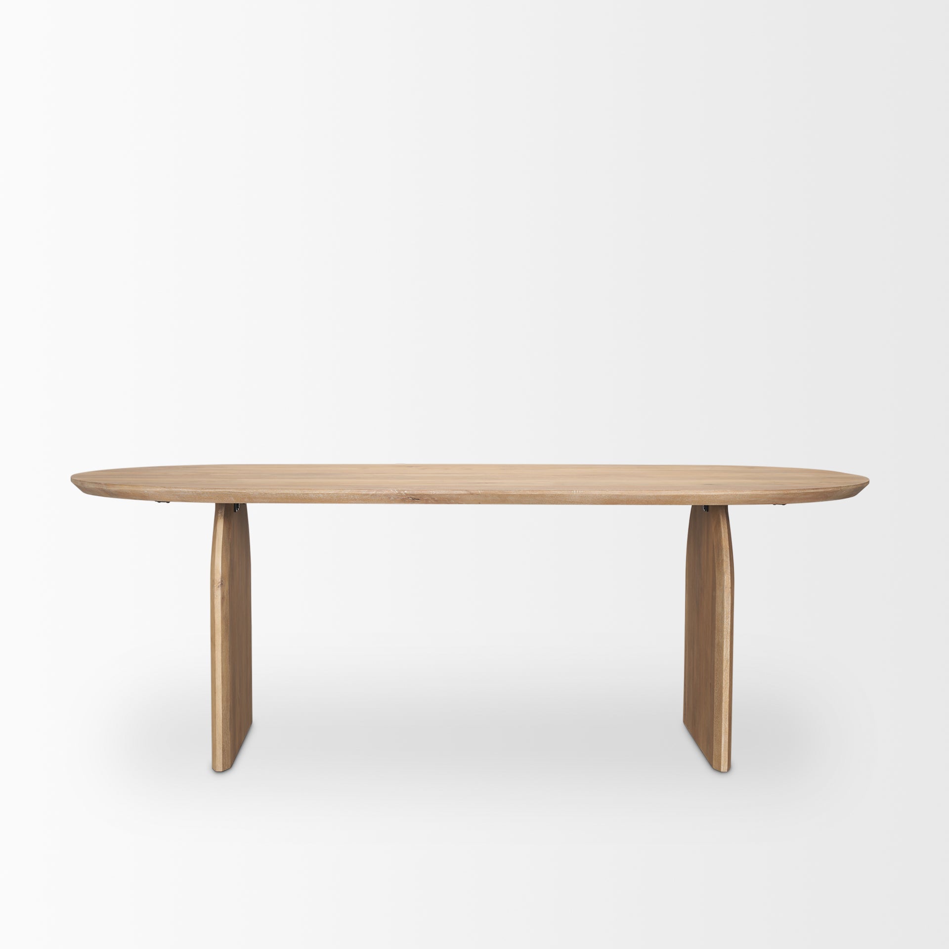 Straight-on side profile view highlighting the unique architectural arched leg design and slim oval tabletop