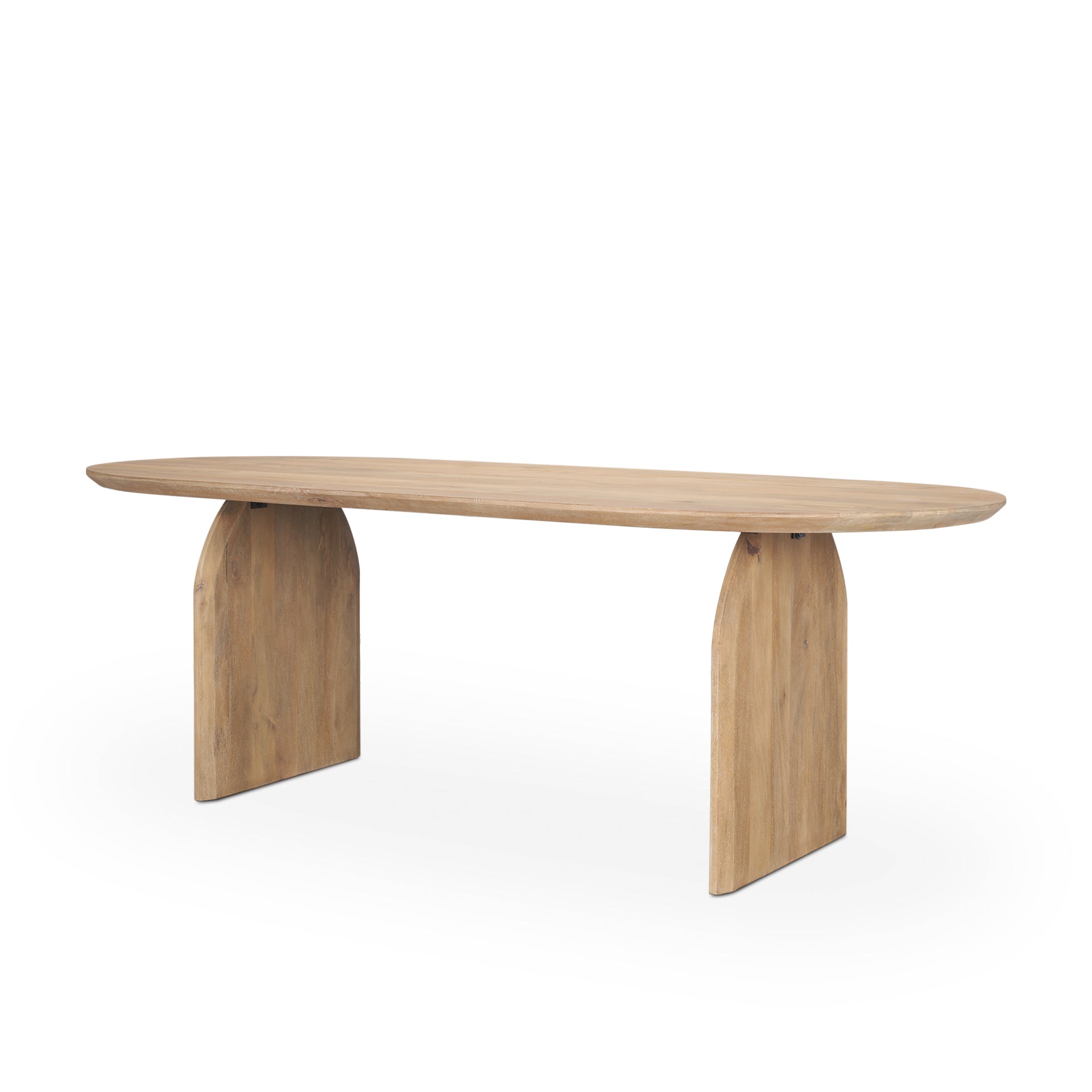 Straight-on side profile view highlighting the unique architectural arched leg design and slim oval tabletop
