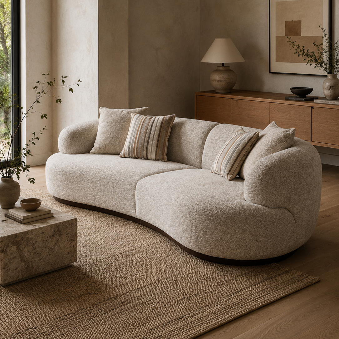 A curved upholstered sofa in a warm light beige fabric with striped throw pillows, placed in a styled living room with wood flooring, a rug, a sideboard, and wall art.