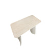 Top view of Itska travertine ceramic top dining table with rounded edges and sculptural light grey base, modern minimalist dining table design
