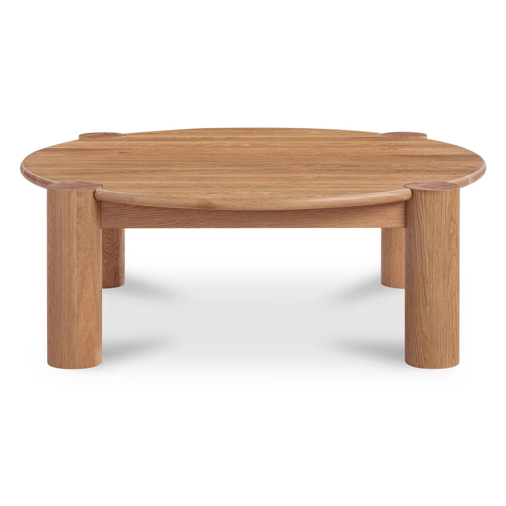 Front view of the Jack coffee table featuring a circular brushed oak top and unique interlocking cylindrical legs