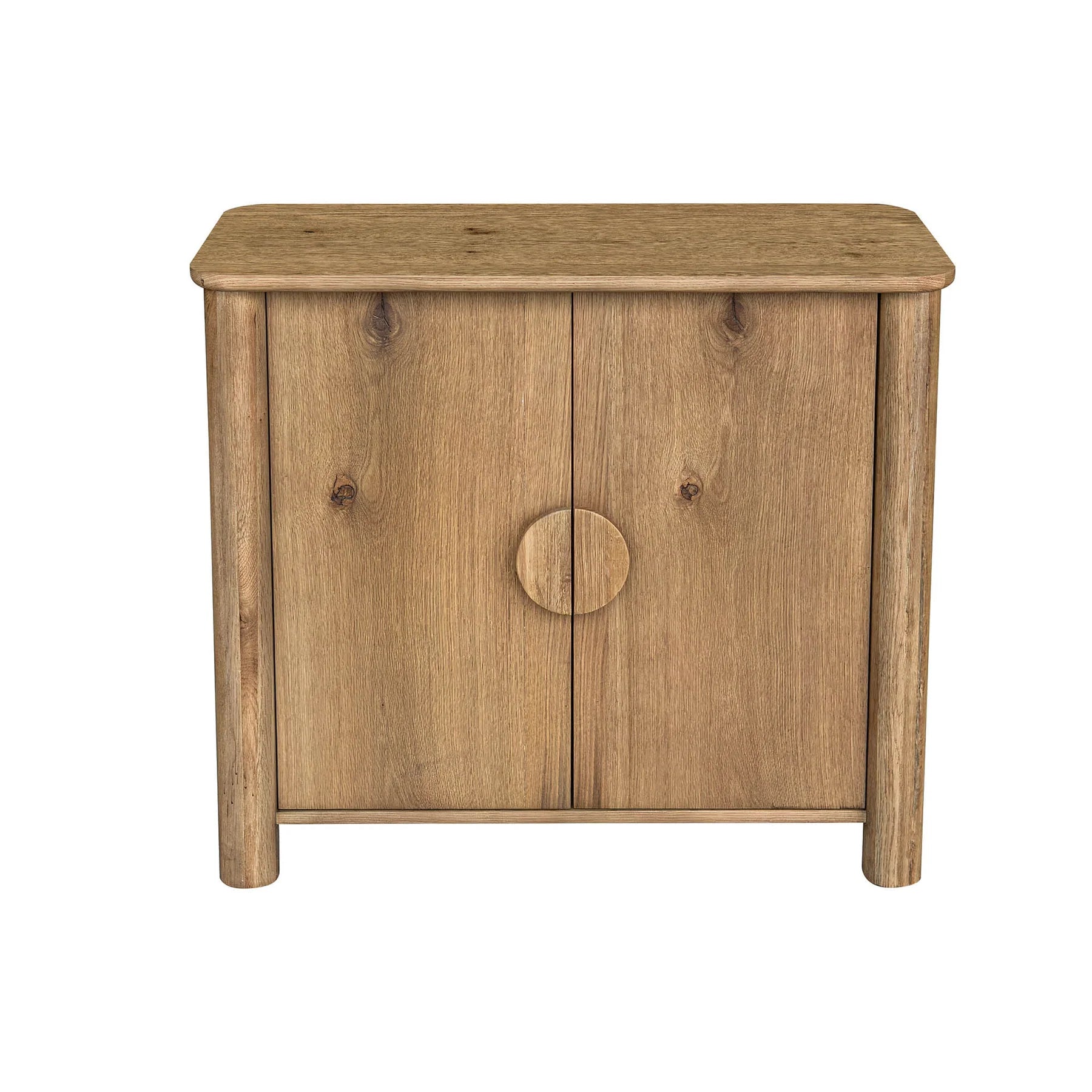 Front view of the Jasper small sideboard featuring natural oak wood construction and two cabinet doors with large circular integrated handles